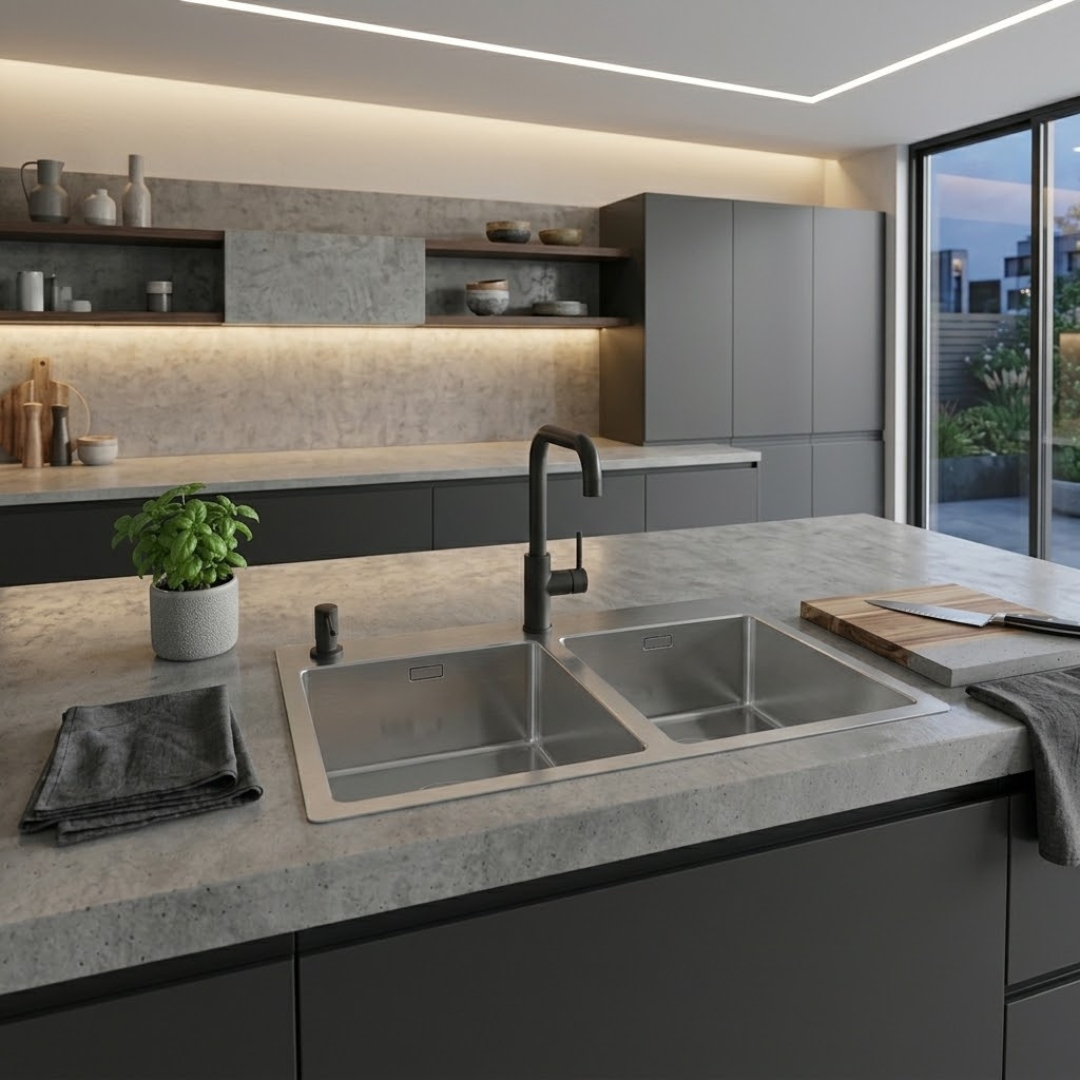 Moderna cucina con piani in cemento grigio, doppio lavello e dettagli in legno.