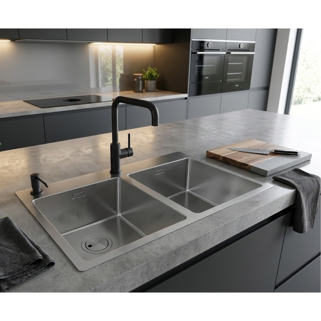Moderna cucina grigia con doppio lavello, rubinetto nero, tagliere in legno ed elettrodomestici da incasso.