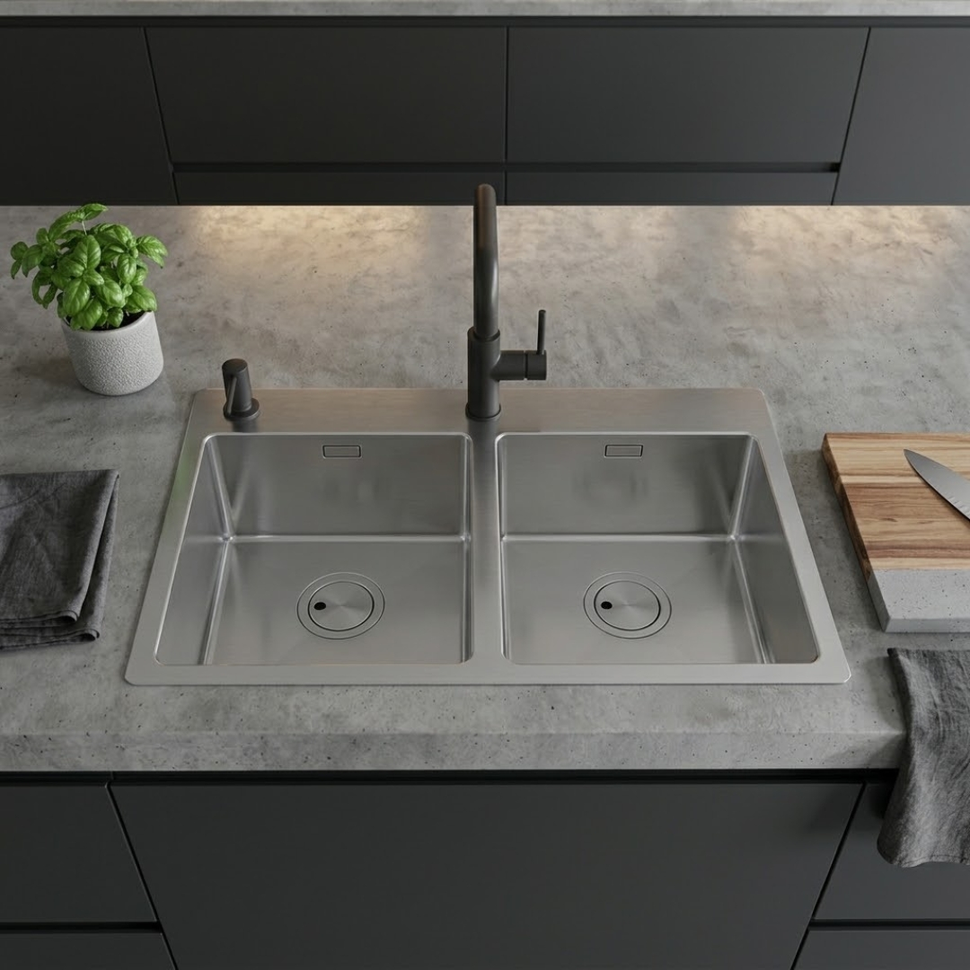 Lavello doppio in acciaio inossidabile con rubinetto nero su piano grigio, pianta in vaso e tagliere.