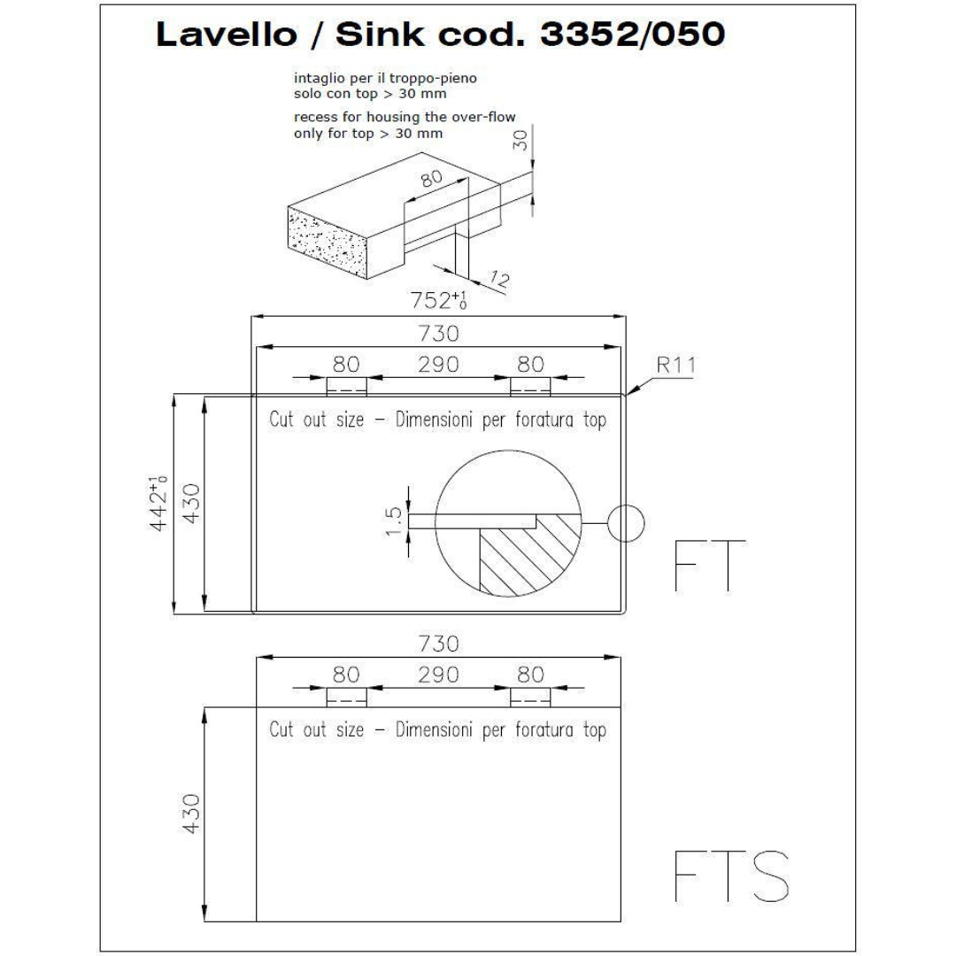 Disegno tecnico con quote per il lavello modello 3352/050.
