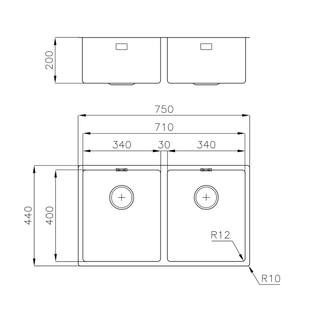 Disegno tecnico di un lavello a doppia vasca con dimensioni in millimetri per lunghezza, larghezza e profondità.