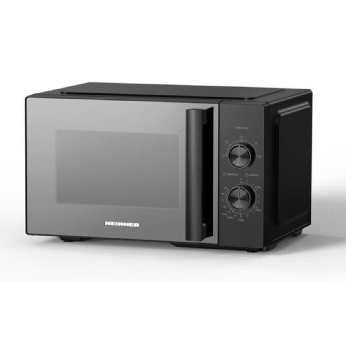 A black Heinner microwave oven with two rotary knobs and a large handle, set against a white background.