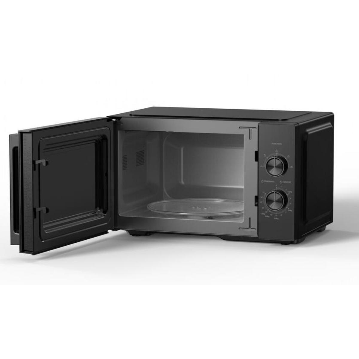 A black microwave oven with its door open on a white surface, showing the inside glass turntable and control dials.