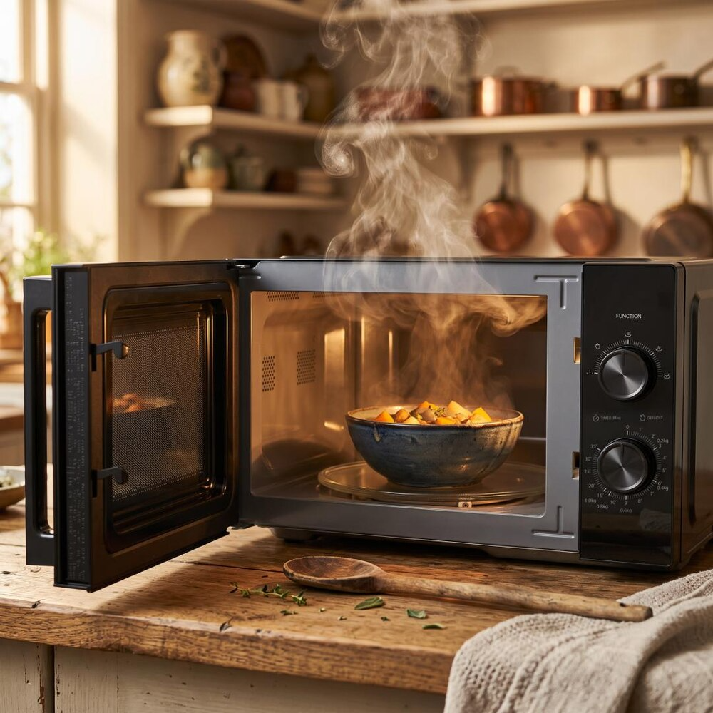 A steaming bowl of food sits inside an open black microwave on a wooden kitchen counter.