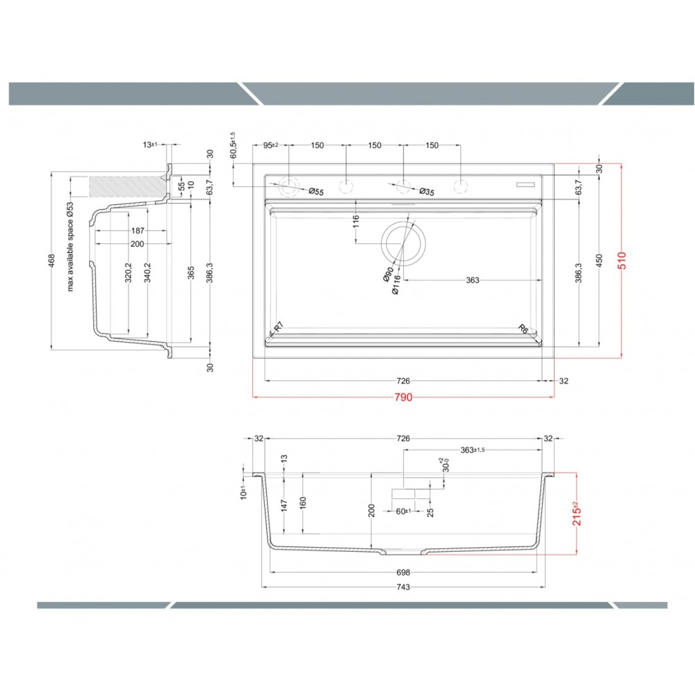 Disegno tecnico di un lavello da cucina con misure precise e viste dall'alto, frontale e laterale.