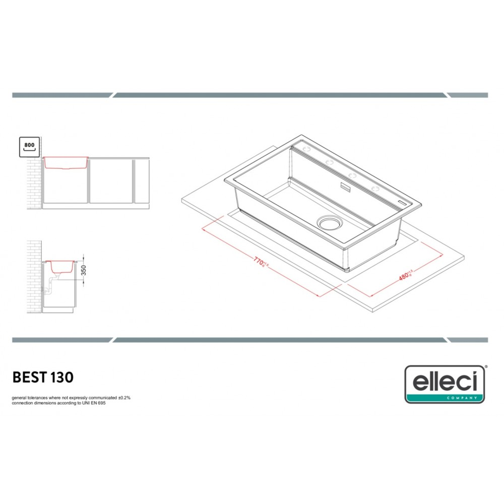 Disegno tecnico del lavello Elleci BEST 130 con dimensioni e viste di installazione.
