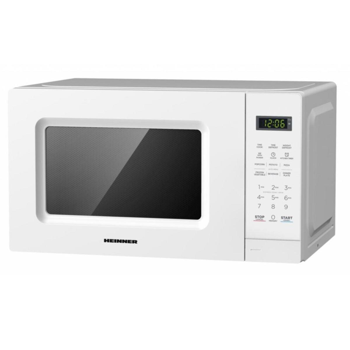 A white freestanding microwave with a digital display and control panel on the right, set against a plain background.