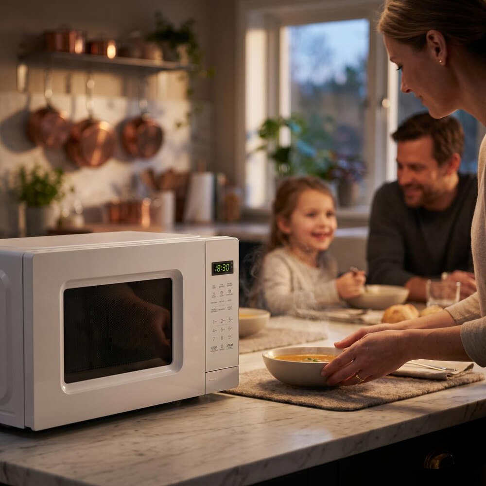 A woman places a soup bowl in a modern kitchen with a white microwave, while a man and child sit in the background.