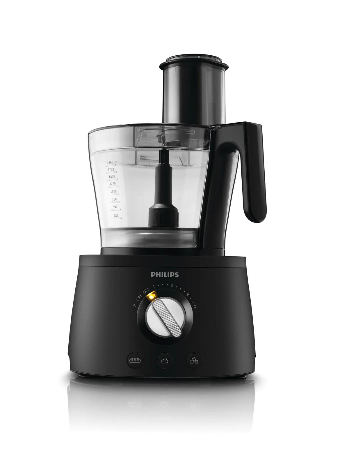 Un robot da cucina Philips nero con ciotola trasparente e manopola della velocità.