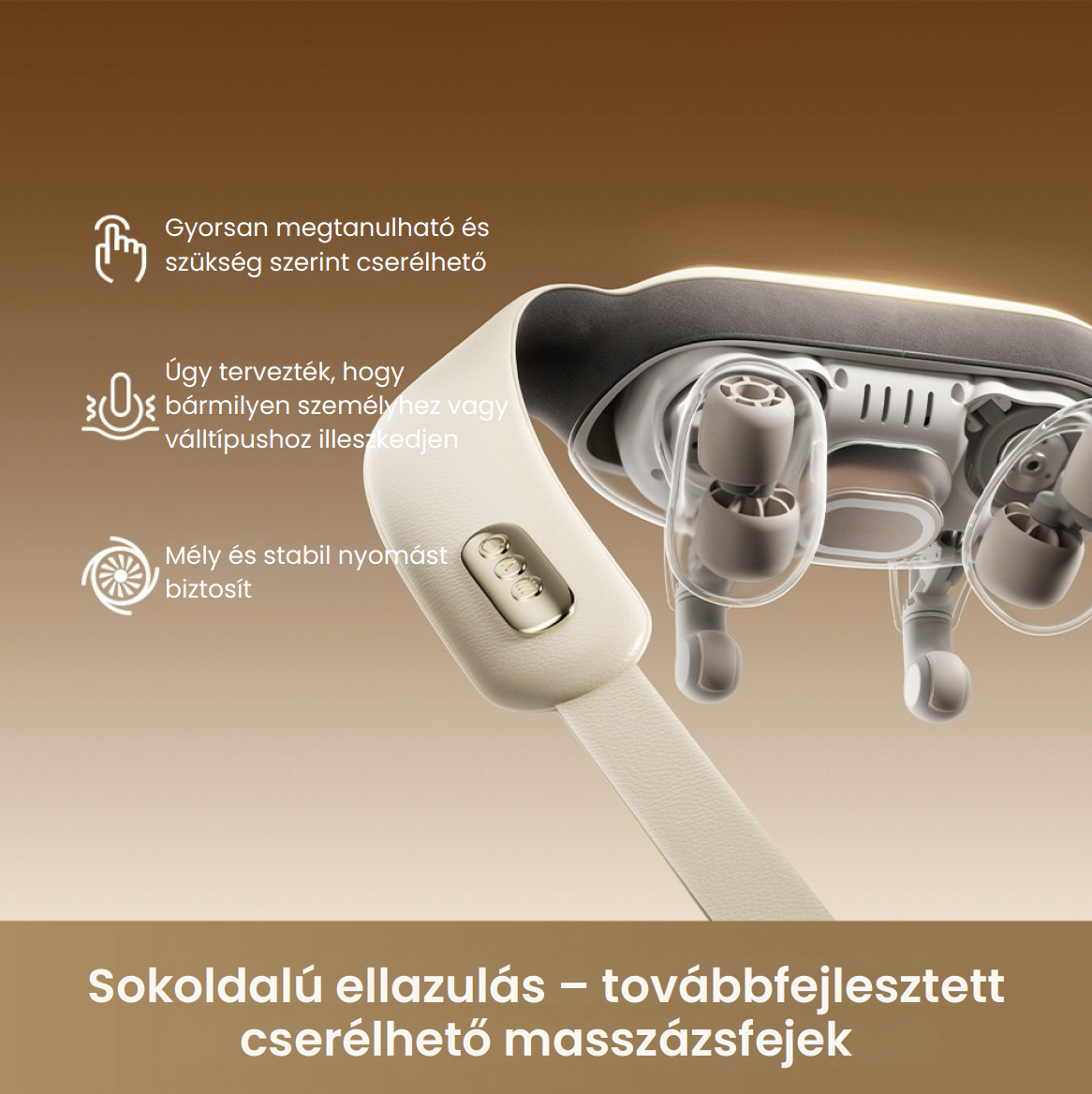 Bézs színű nyakmasszírozó cserélhető fejekkel és felirattal barna háttéren.