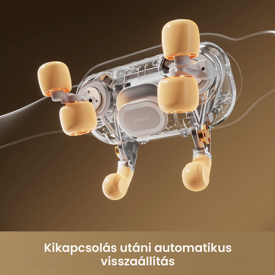 Átlátszó robotporszívó sárga görgőkkel és lábakkal barna háttér előtt.