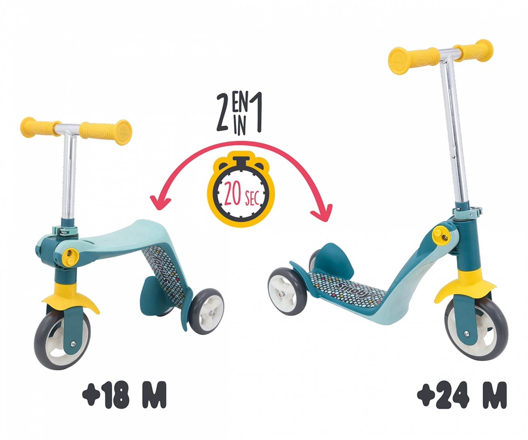 Ein 2-in-1-Kinderroller als Rutschfahrzeug ab 18M und Stehroller ab 24M.