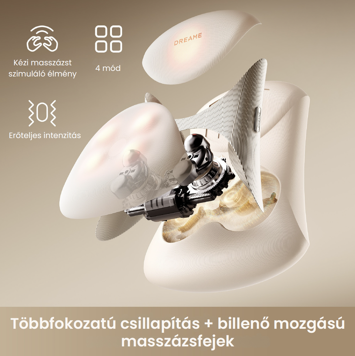 Bézs színű Dreame készülék robbantott ábrája belső alkatrészekkel, fogaskerekekkel és masszázsfejekkel.