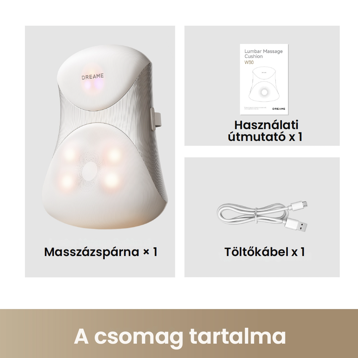 A csomag tartalma: egy derékmasszírozó párna, egy használati útmutató és egy töltőkábel.