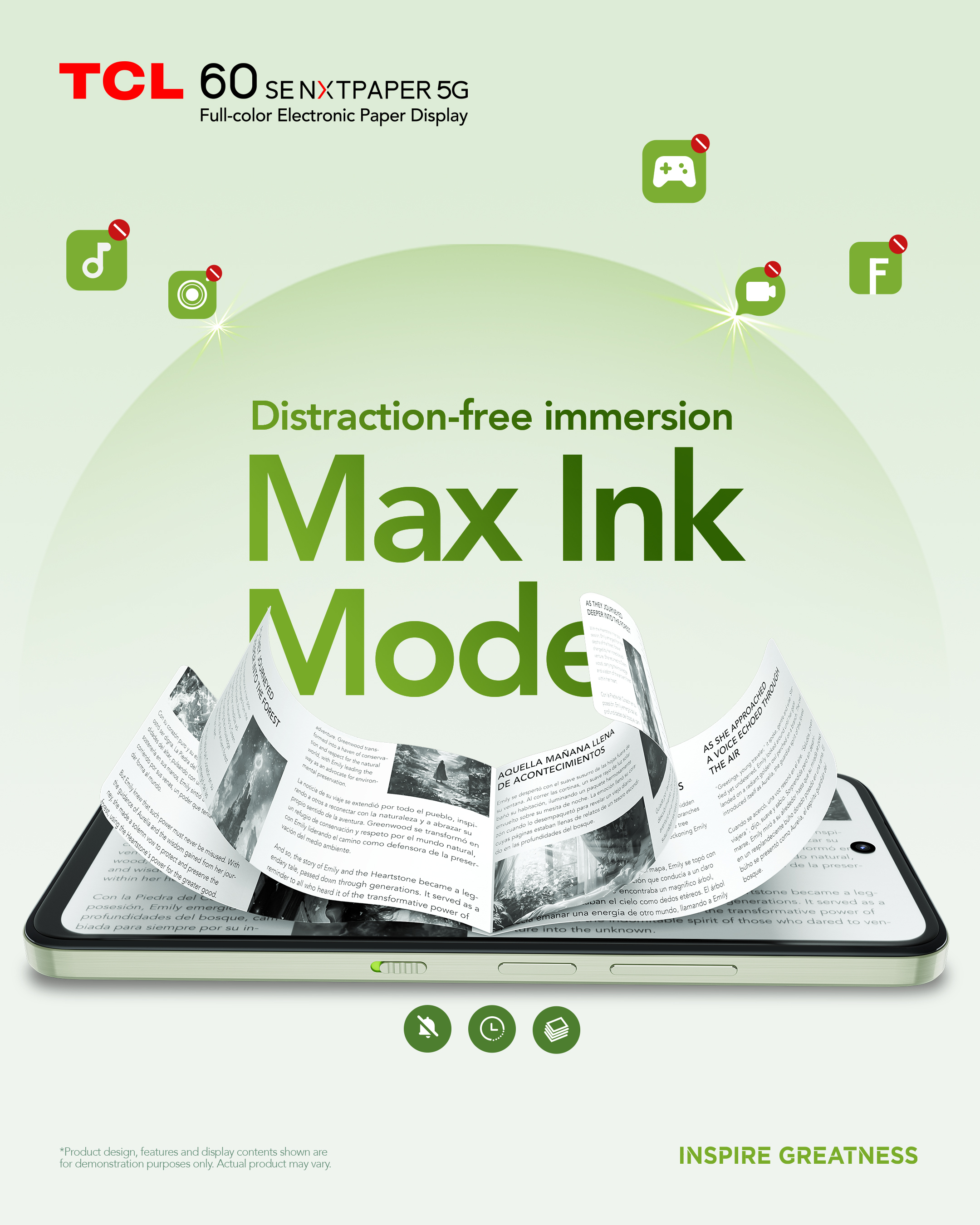 Smartphone con Max Ink Mode e pagine di libri, circondato da icone di app bloccate e testo verde.