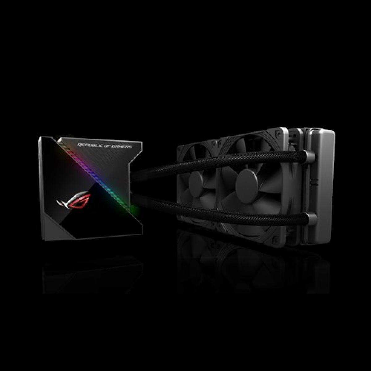 Ein schwarzer CPU-Flüssigkeitskühler mit RGB-Beleuchtung, Pumpenblock, geflochtenen Schläuchen und Radiator mit zwei Lüftern.