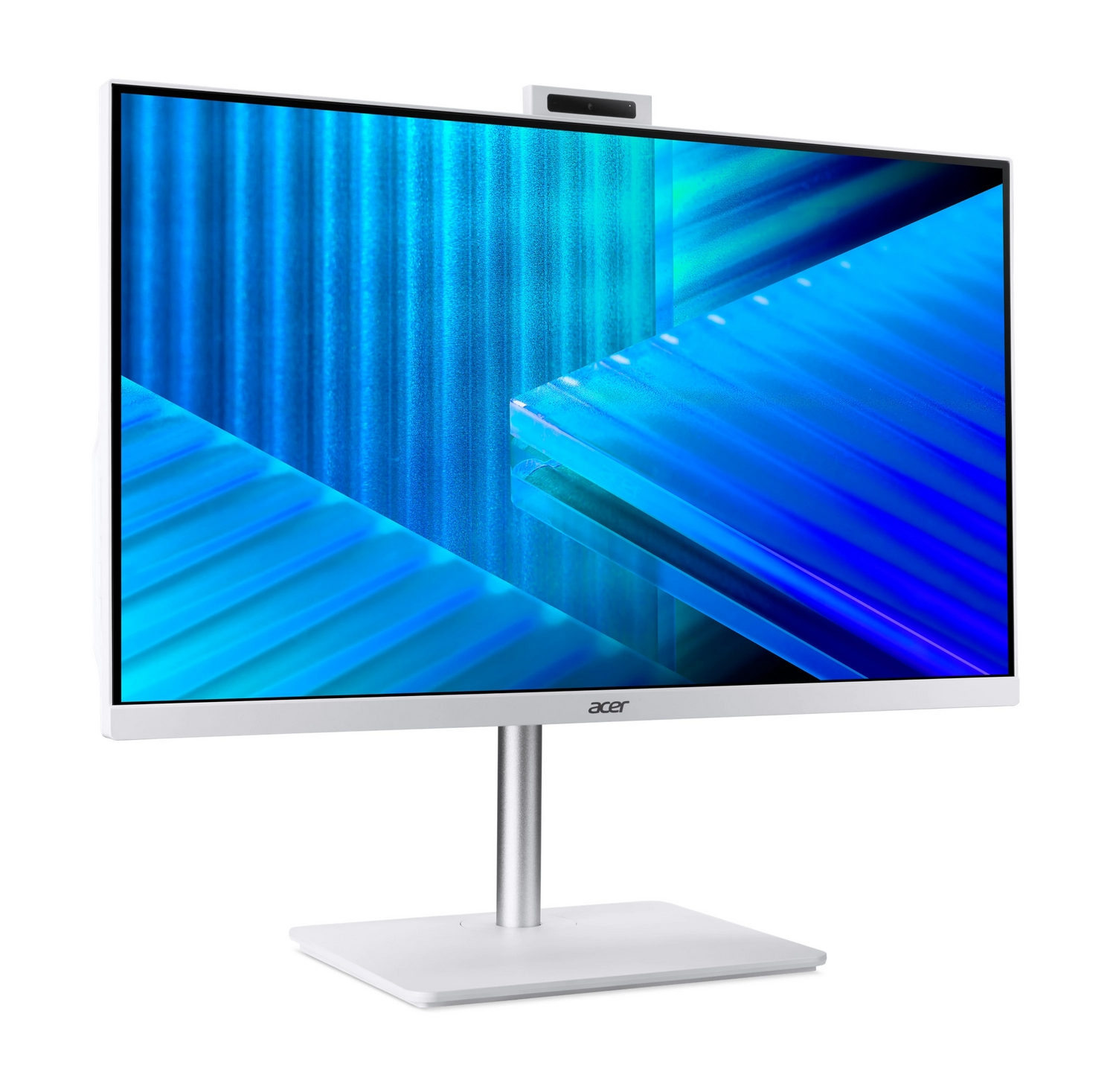 Un monitor Acer bianco con supporto argento mostra uno sfondo blu e ha una webcam in alto.