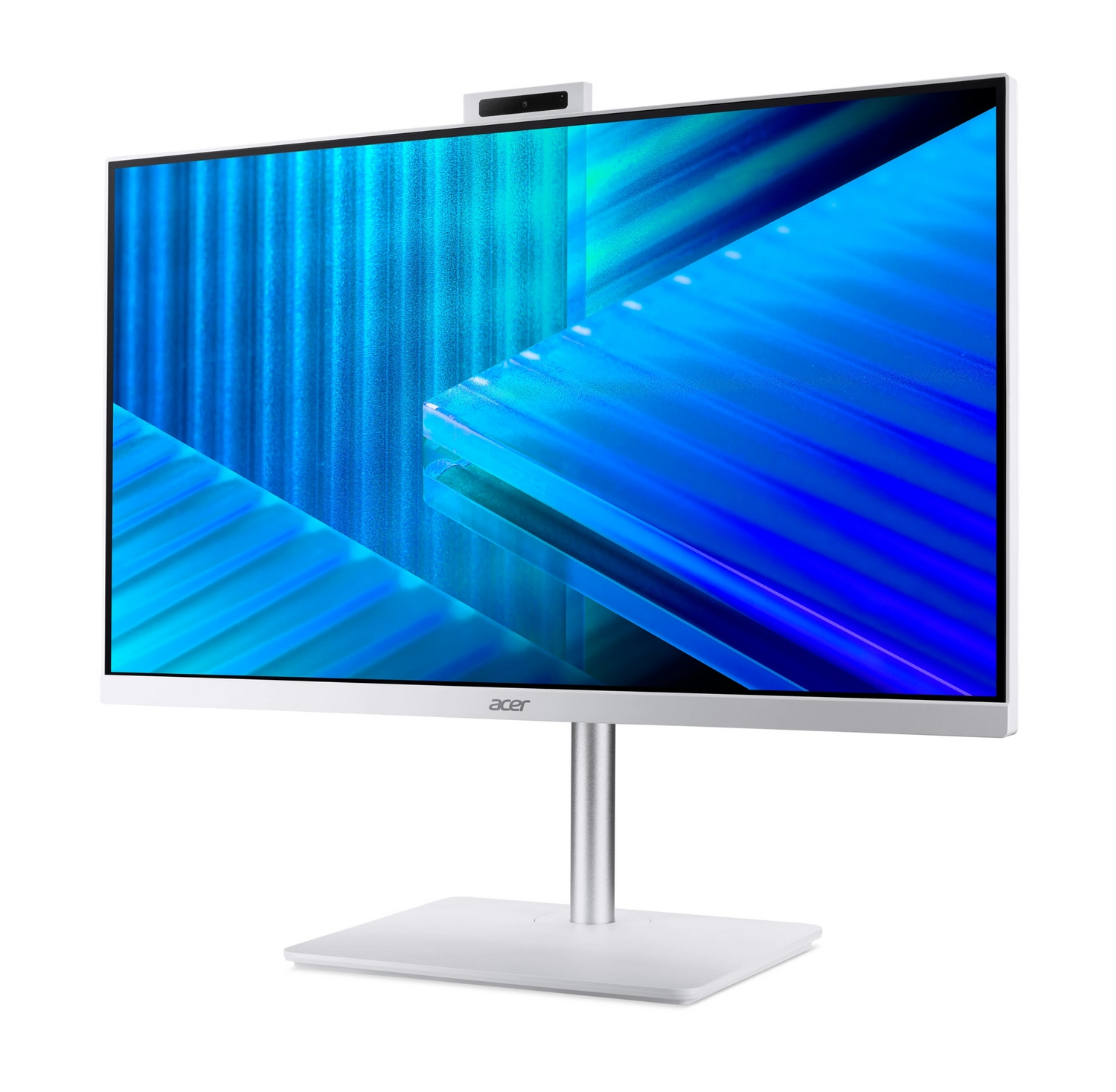 Un monitor Acer bianco con supporto argento e webcam in alto mostra un motivo astratto blu sullo schermo.