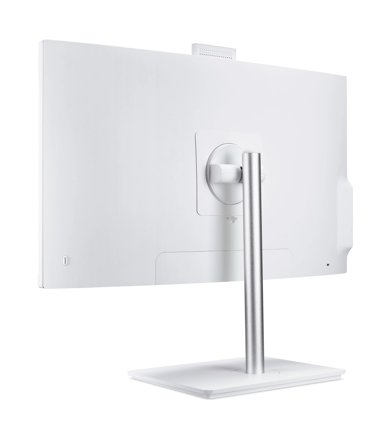 Vista posteriore di un monitor bianco con supporto argentato su sfondo bianco.