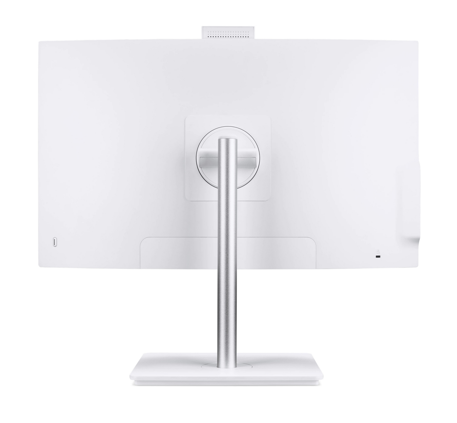 Vista posteriore di un monitor bianco con supporto argentato e webcam superiore.