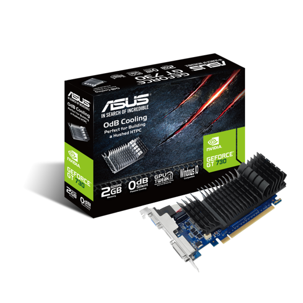 Una tarjeta gráfica ASUS GeForce GT 730 con disipador pasivo se muestra frente a su caja.