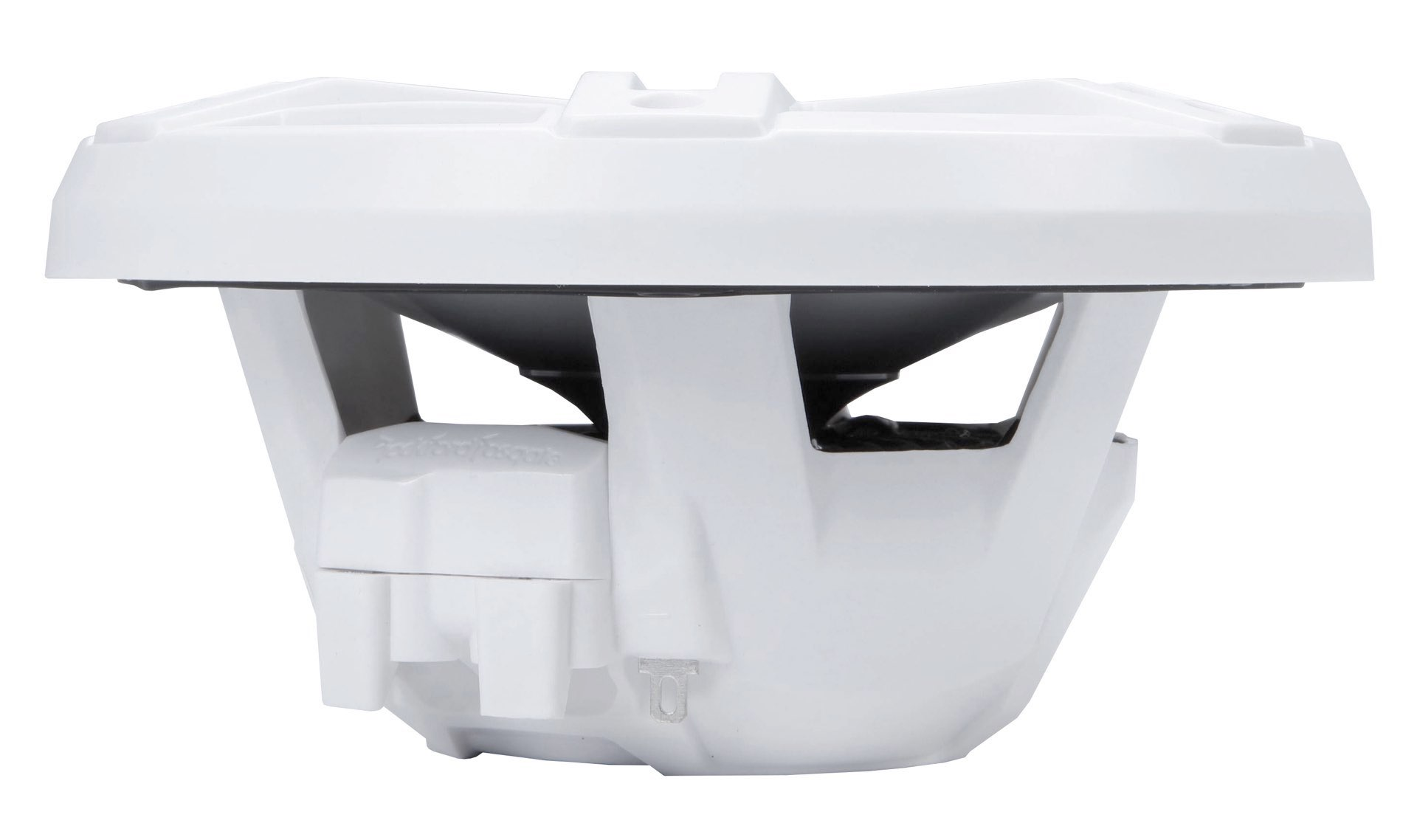 Ein weißer Marine-Subwoofer von der Seite betrachtet.