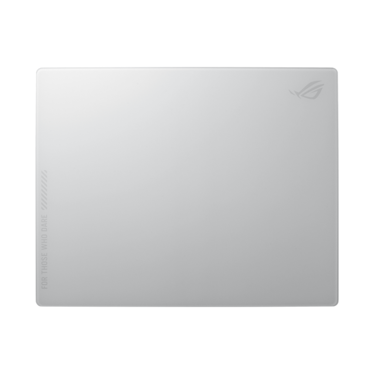 Silberner Laptopdeckel mit dezenter ROG-Logo oben rechts und diagonaler Schrift links.