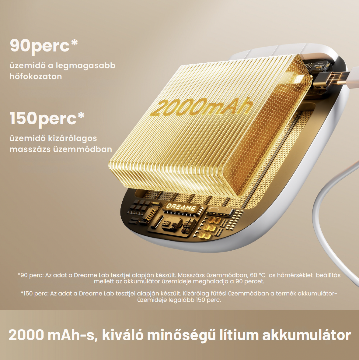Aranyszínű 2000mAh lítium akkumulátor egy fehér eszközben mikrochippel és magyar feliratokkal.