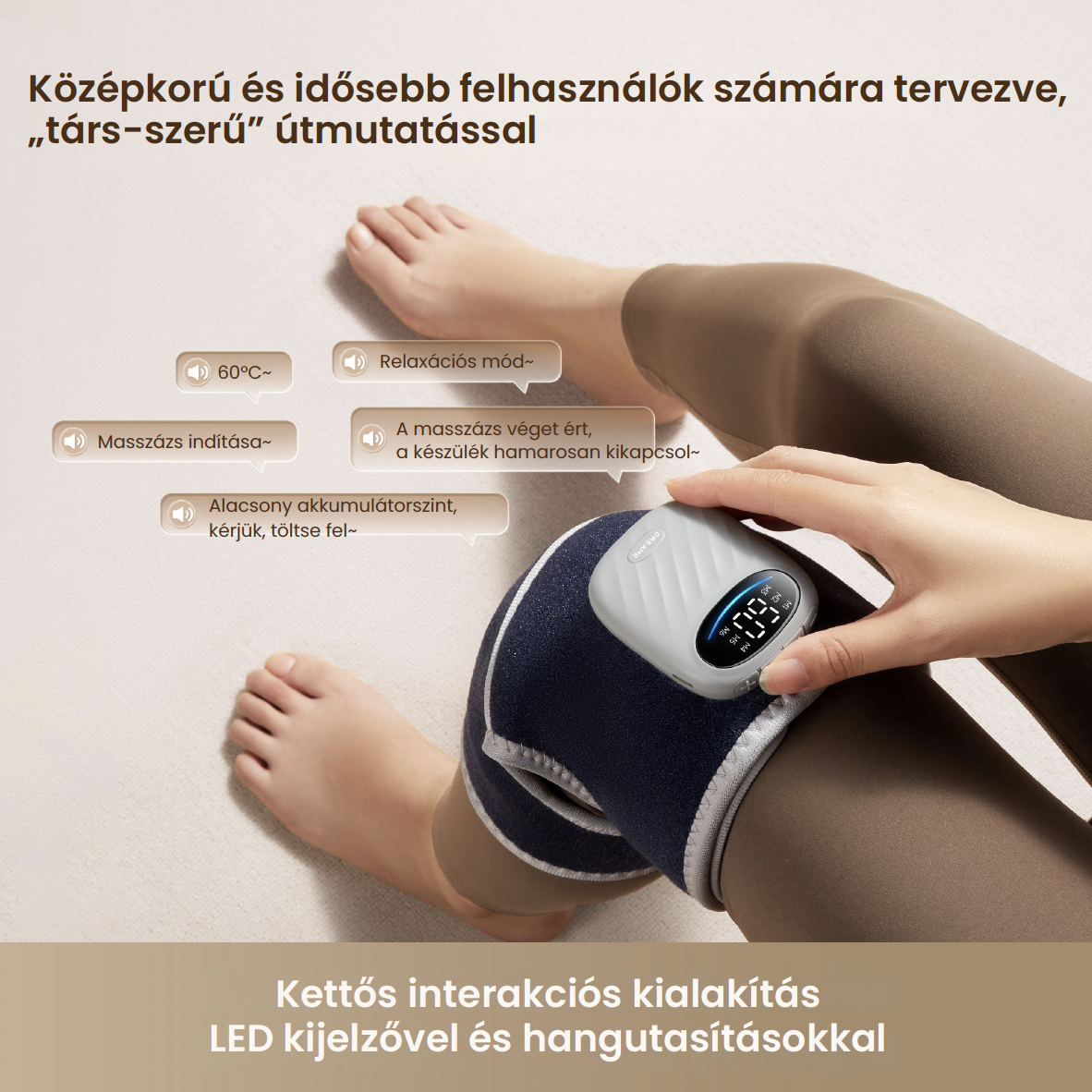Térdmasszírozót viselő személy LED kijelzővel, magyar nyelvű szövegbuborékokkal és hang ikonokkal körülvéve.