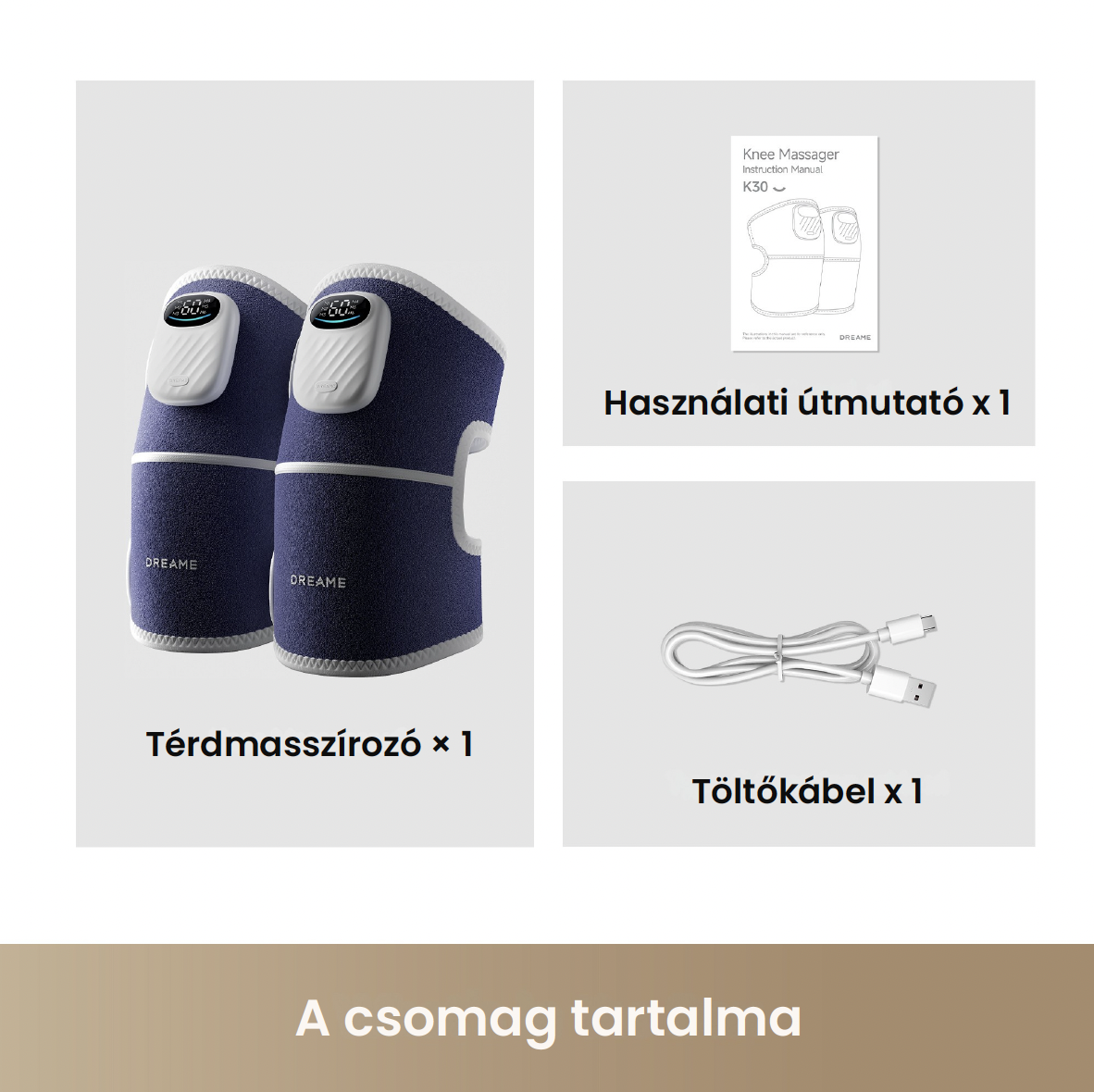 A csomag tartalma: két kék térdmasszírozó, egy használati útmutató és egy töltőkábel szürke háttéren.