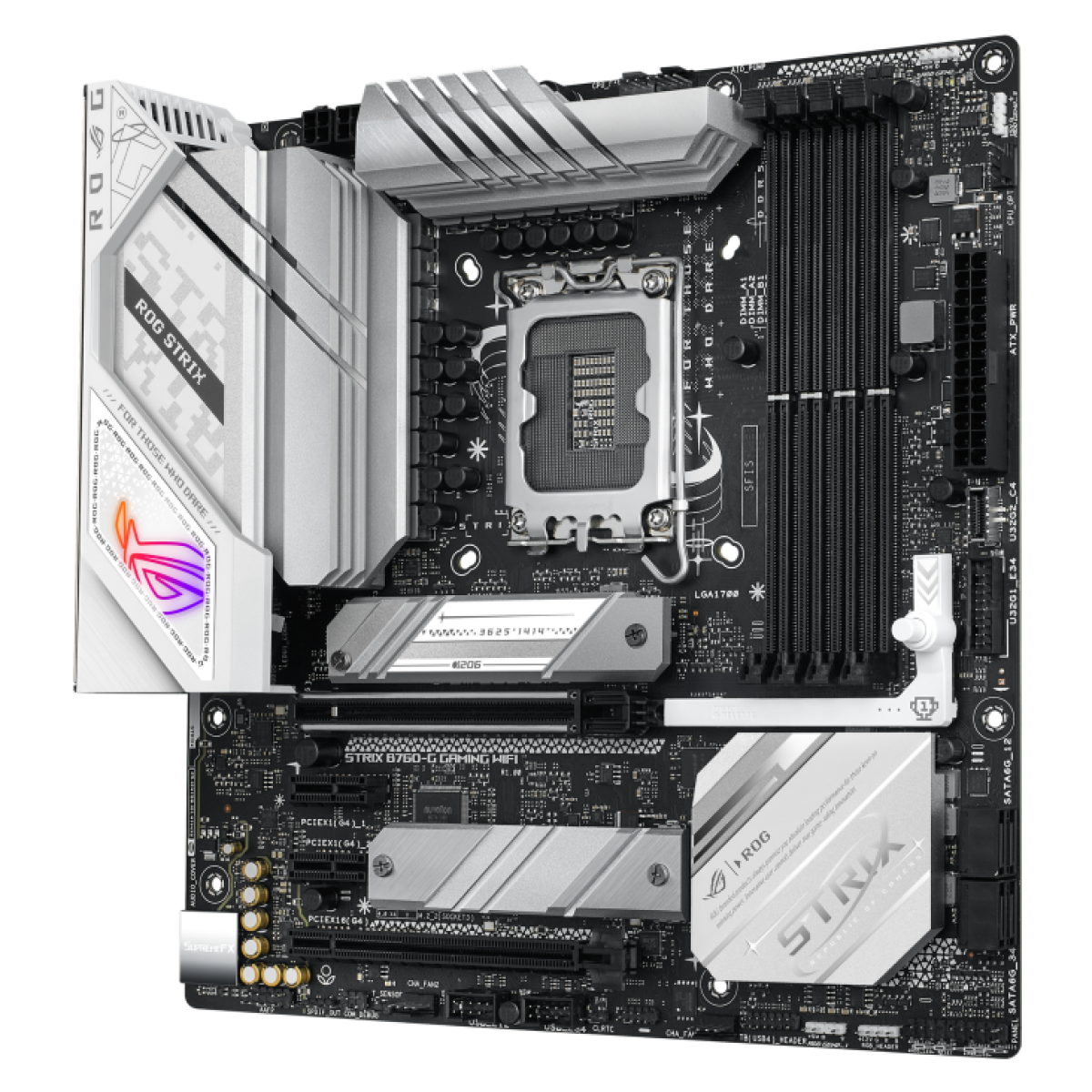 Scheda madre ASUS ROG Strix B760-G Gaming WiFi nera e bianca con dissipatori argentati e illuminazione RGB.