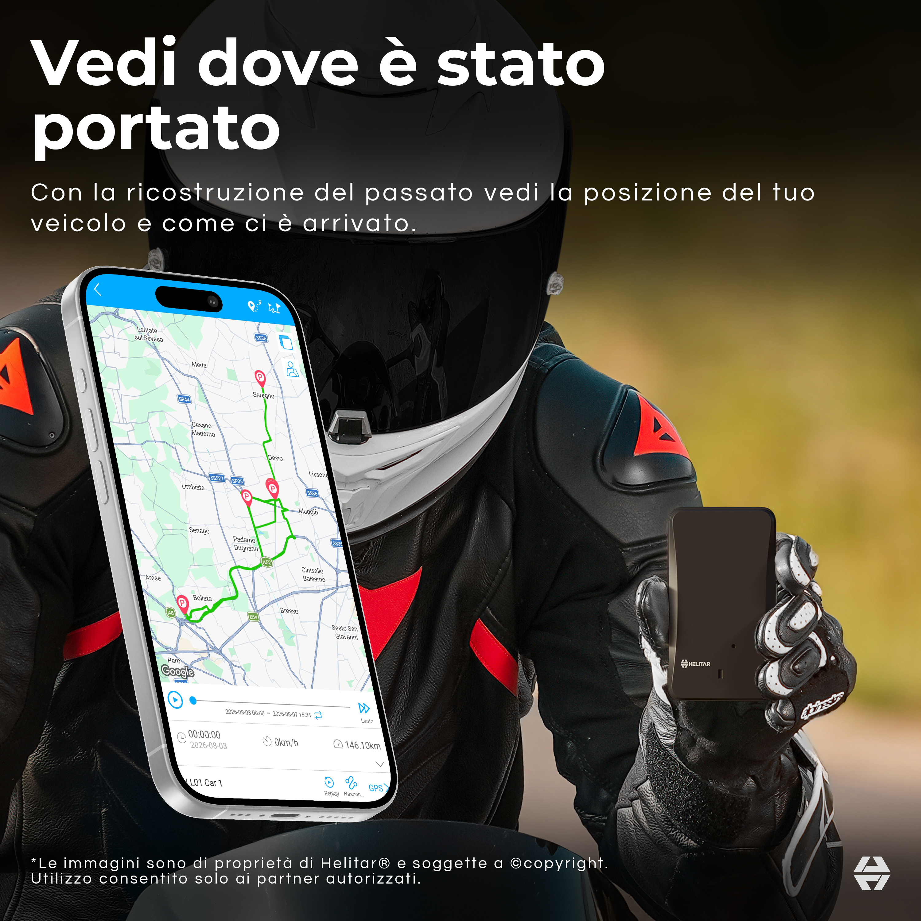 Un motociclista tiene un localizzatore mentre uno smartphone mostra una mappa GPS.