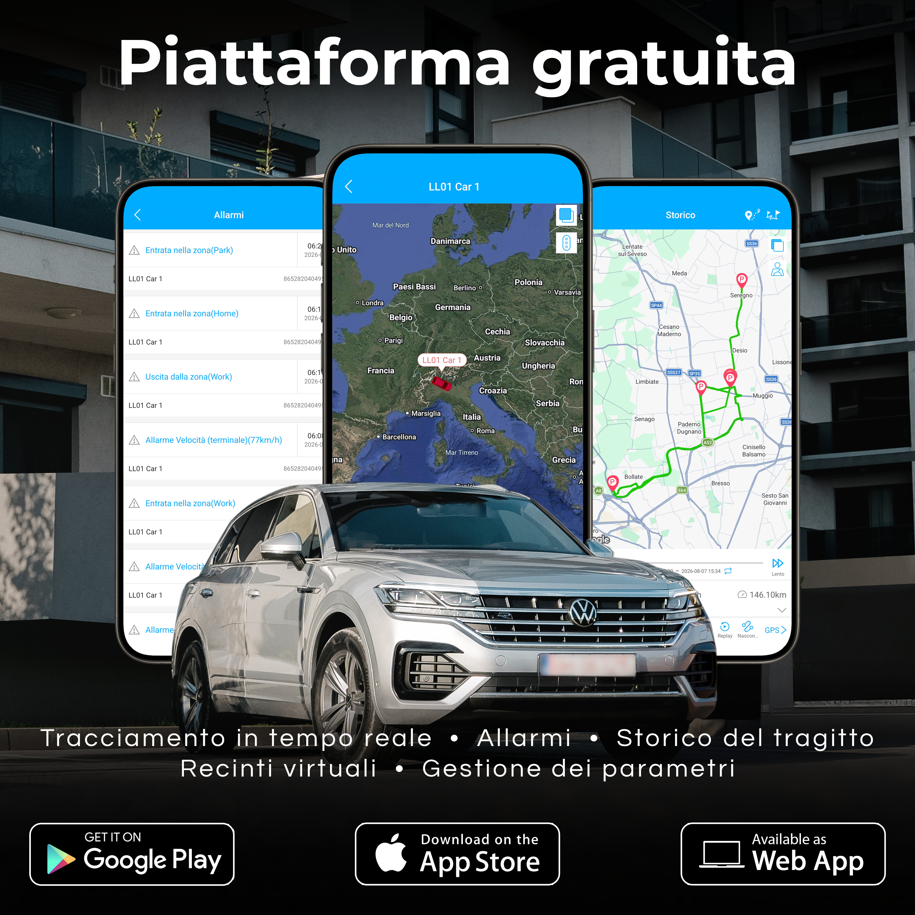 SUV VW grigio davanti a tre smartphone con schermate di app di tracciamento e testo.