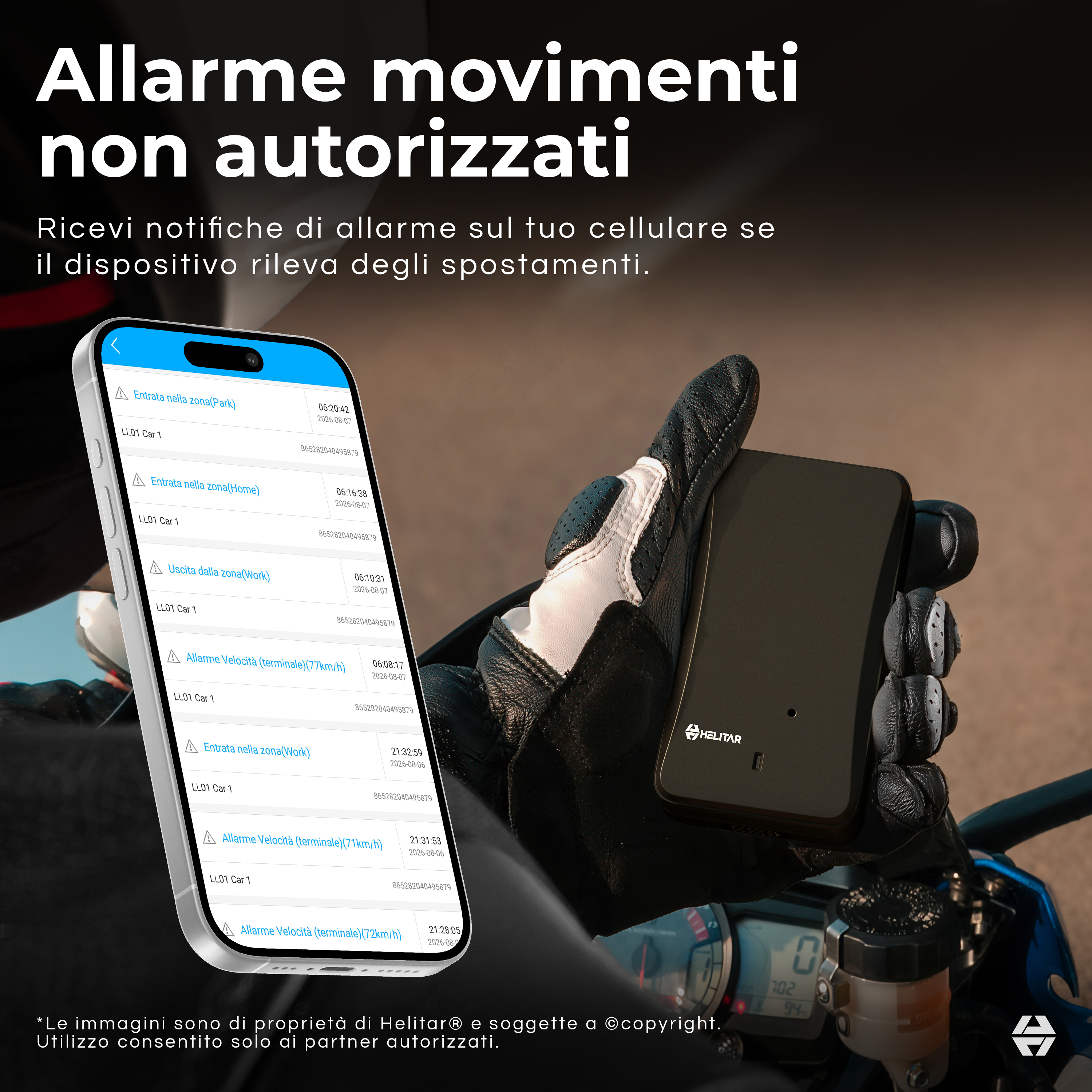 Mano regge dispositivo GPS su moto, smartphone mostra notifiche di allarme.
