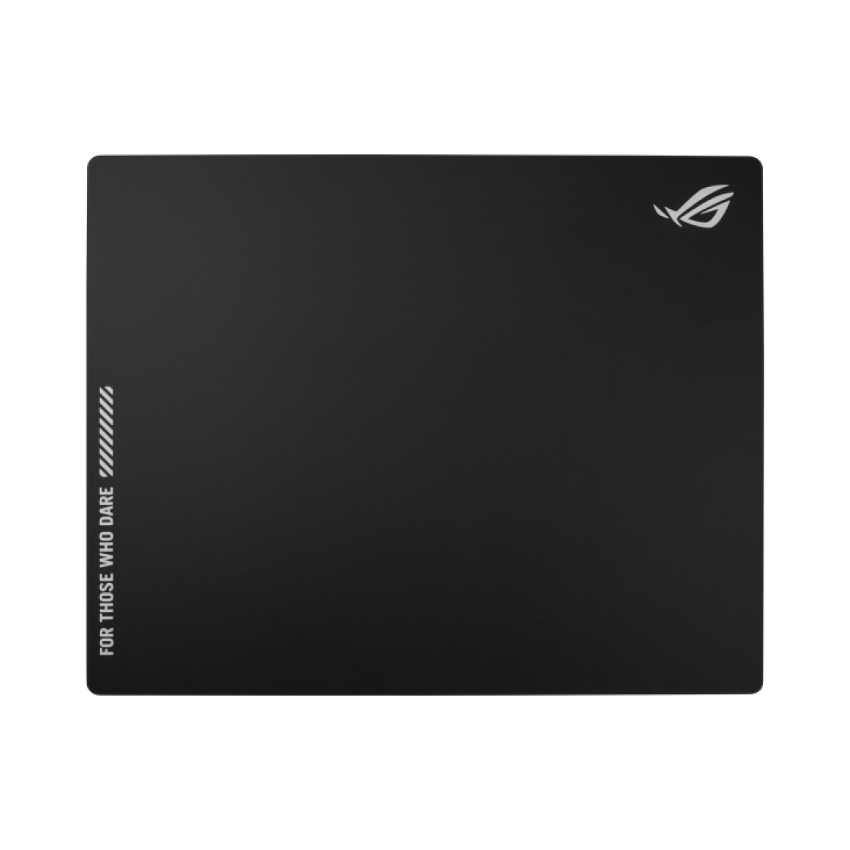Ein schwarzes Gaming-Mauspad mit dem weißen ROG-Logo oben rechts und Text auf der linken Seite.