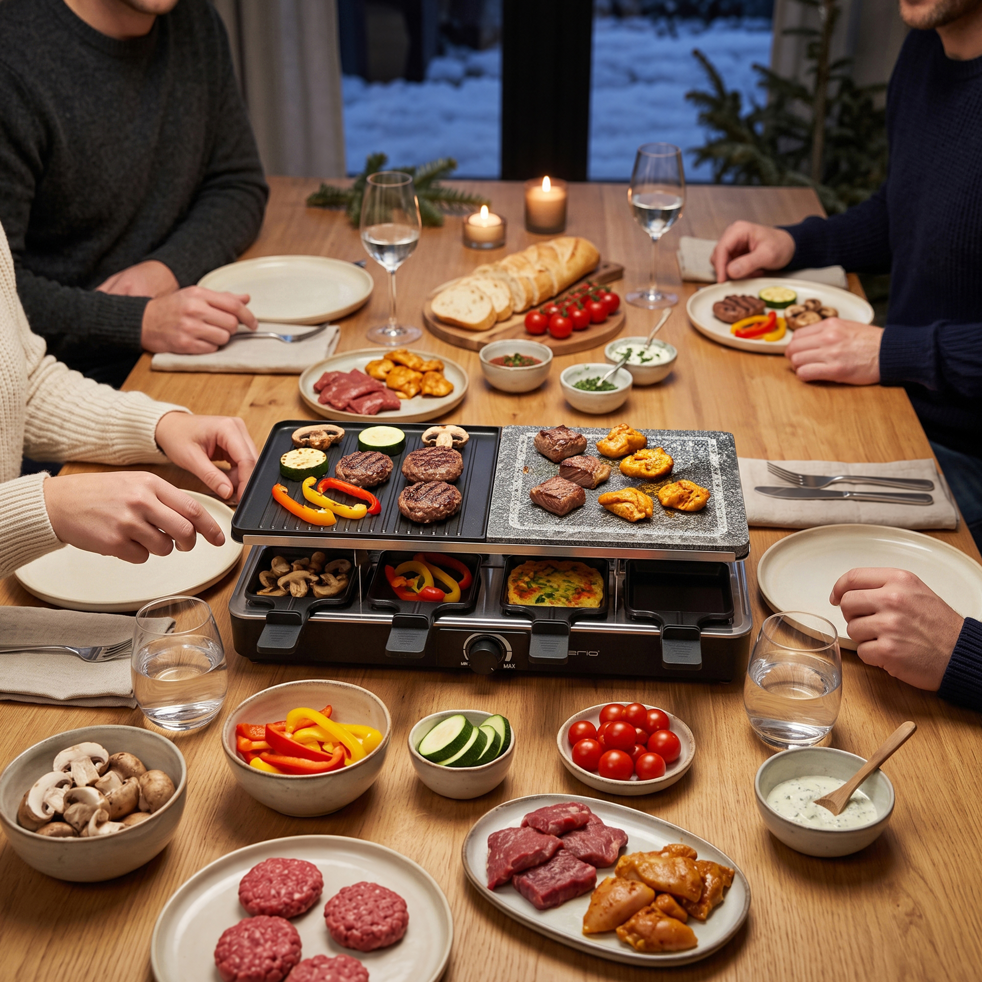 Friends sit at a wooden table with a raclette grill, set with meat, vegetables, and side dishes.