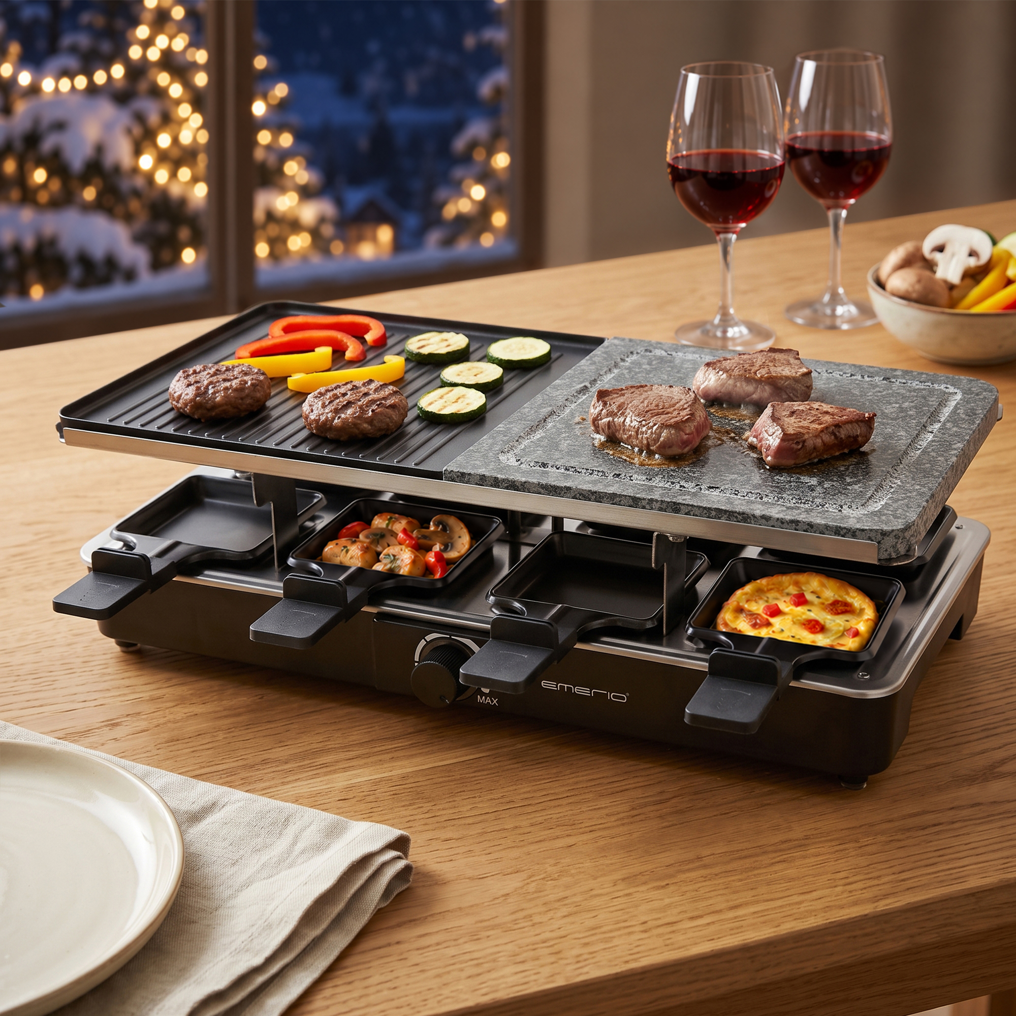 A raclette grill on a wooden table with meat, vegetables, and two wine glasses. Glowing lights in the background.