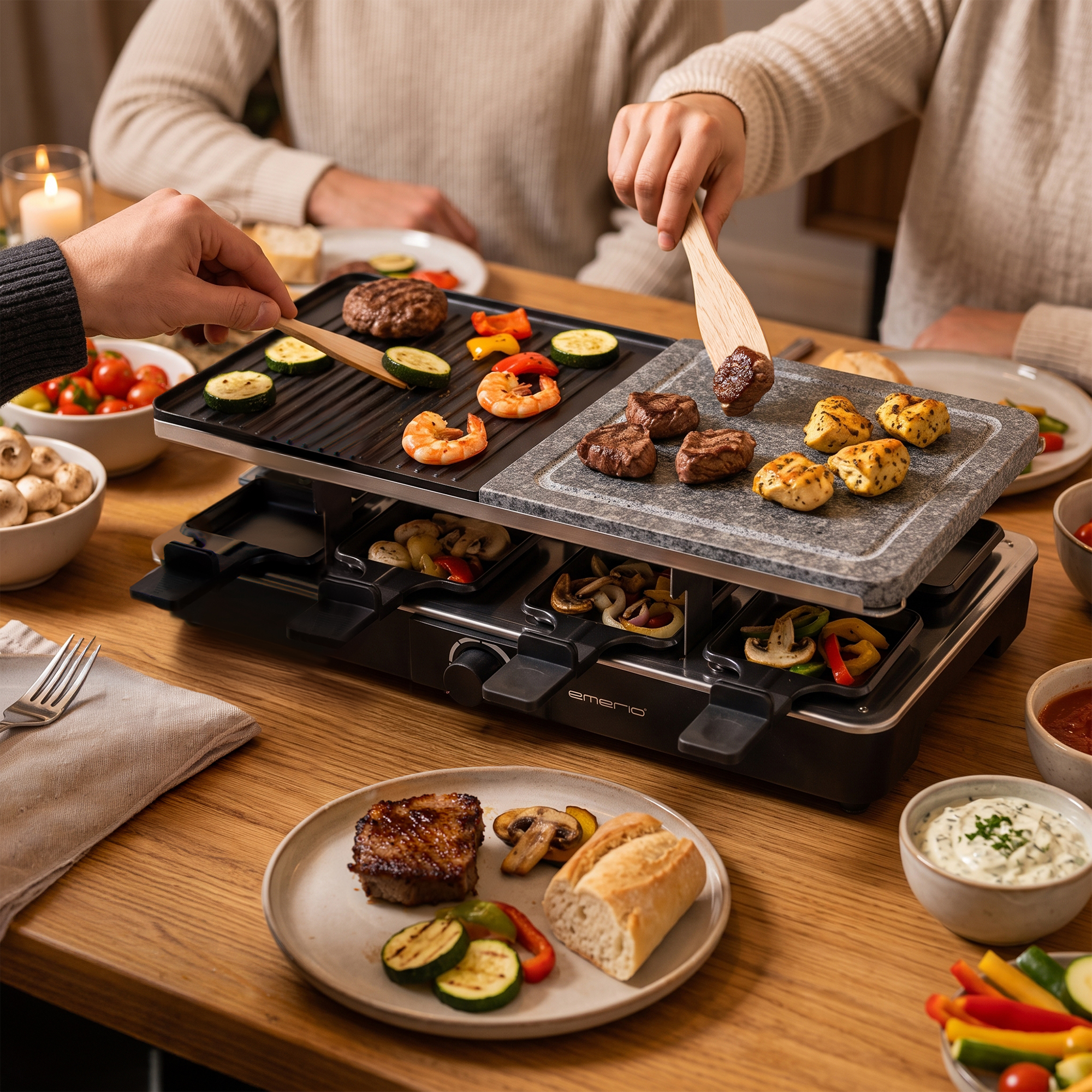 People grilling meat, vegetables, and shrimp on a tabletop grill, surrounded by bowls and plates of food.