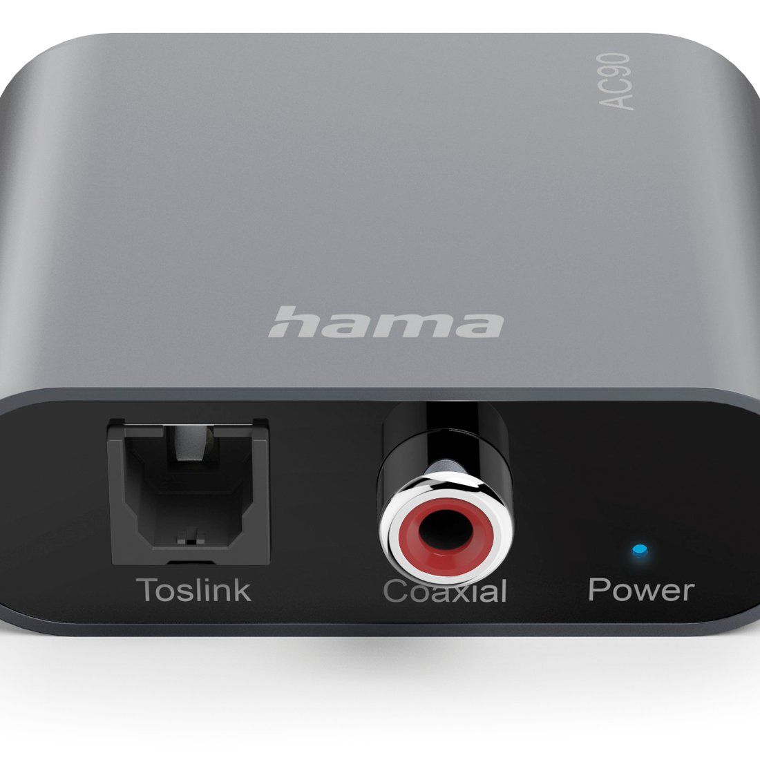 Szary konwerter audio Hama AC90 z portami Toslink, coaxial i zasilania z przodu.