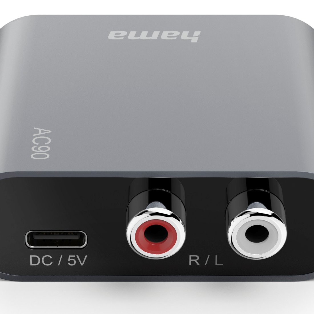 Szary konwerter Hama AC90 z portem USB-C oraz czerwonym i białym wejściem RCA.