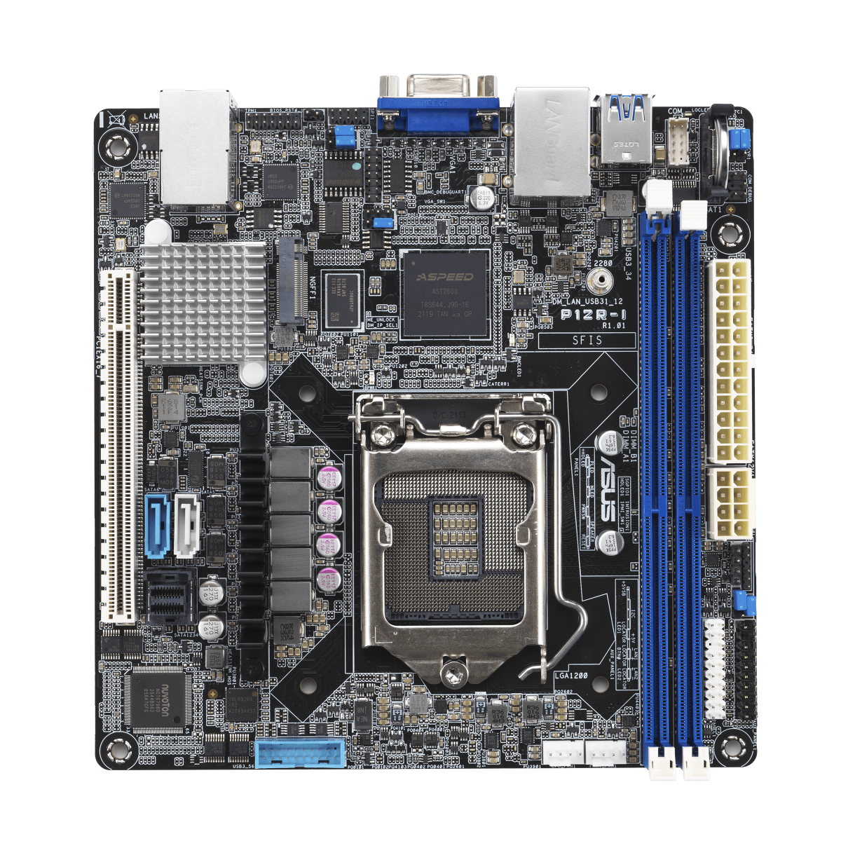 Una placa base de computadora ASUS negra con un zócalo de CPU, ranuras de RAM y varios puertos.