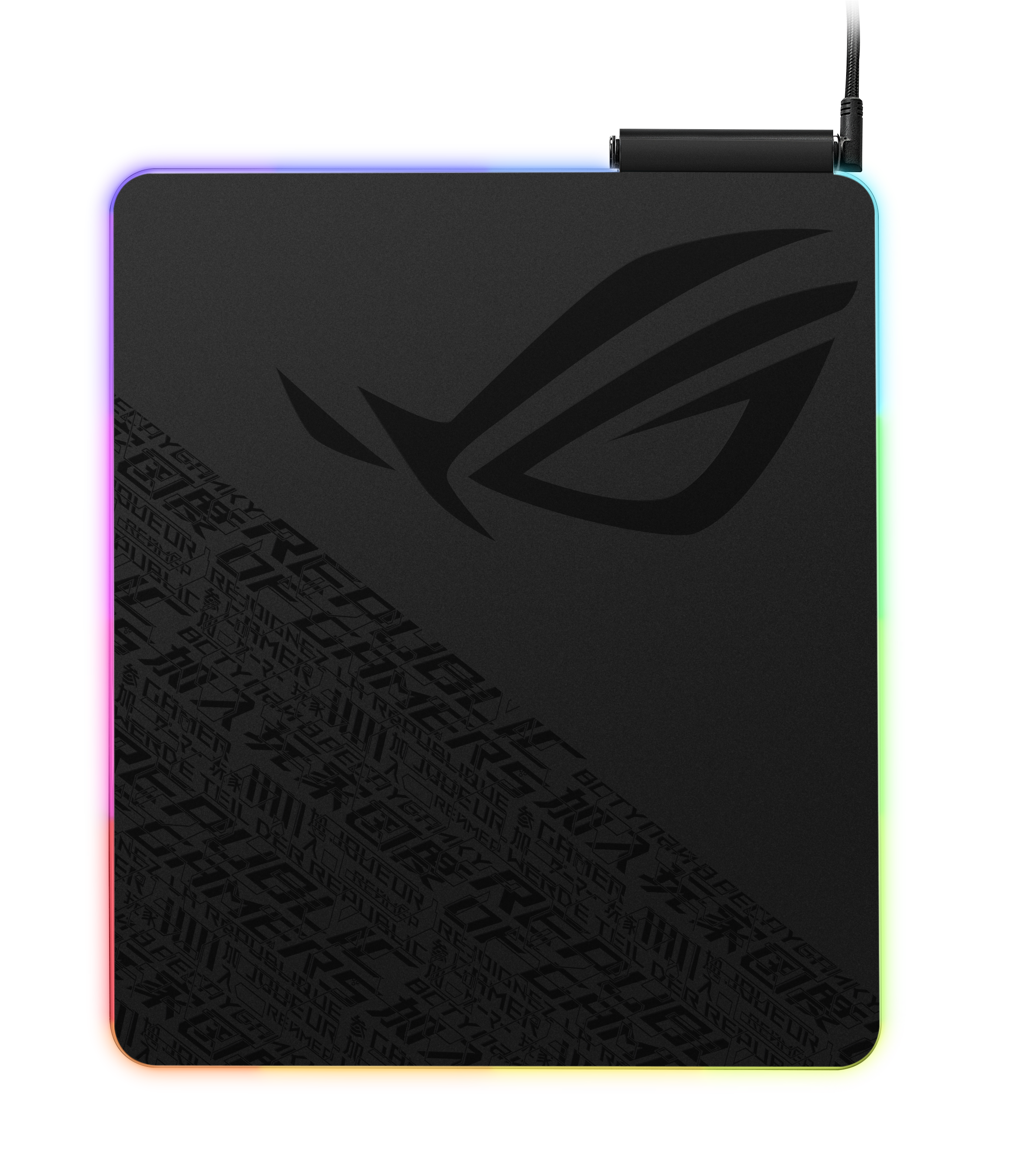 Alfombrilla de ratón gaming ROG negra con iluminación RGB.