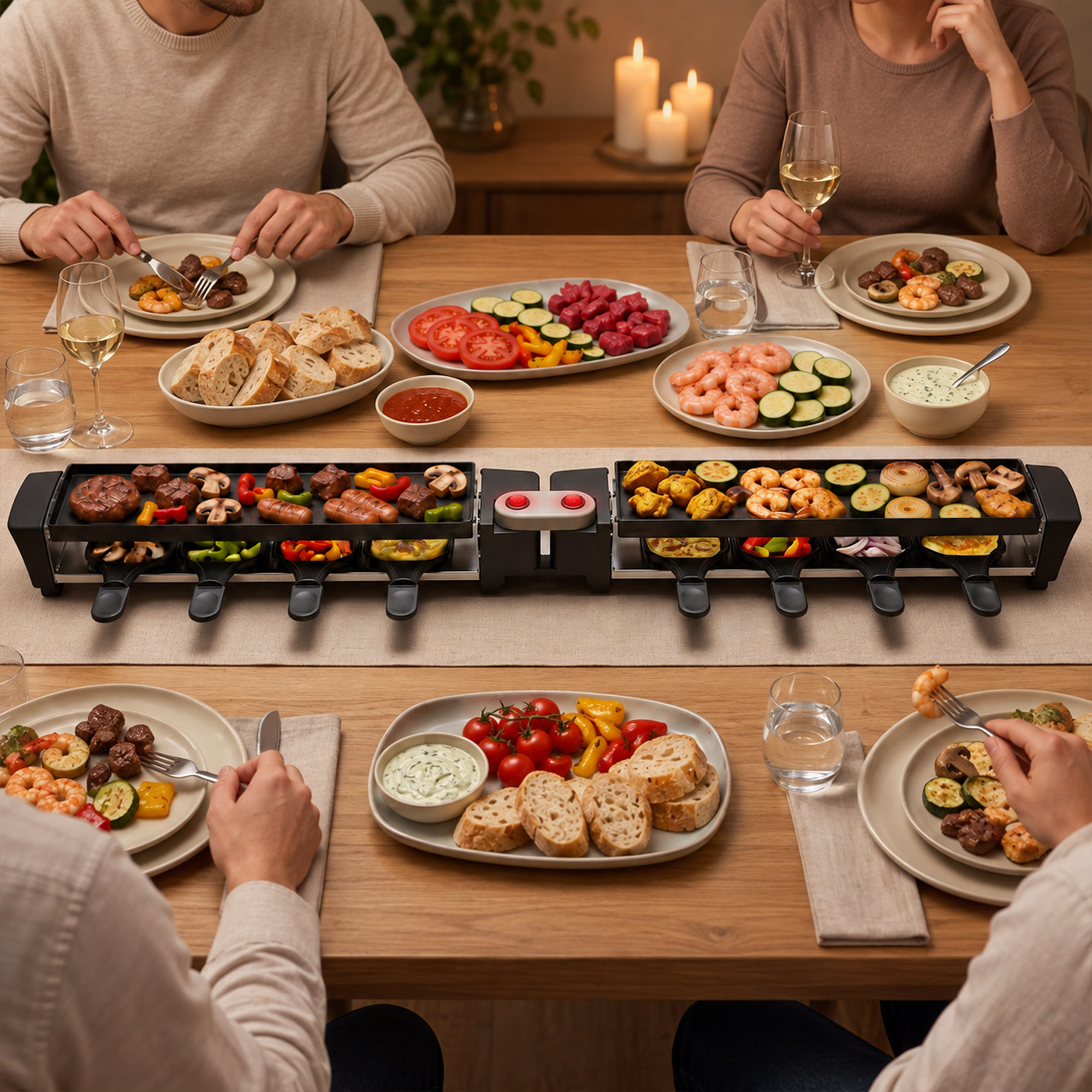 Four people sit at a wooden table with a raclette grill and various ingredients like meat, vegetables, and bread.