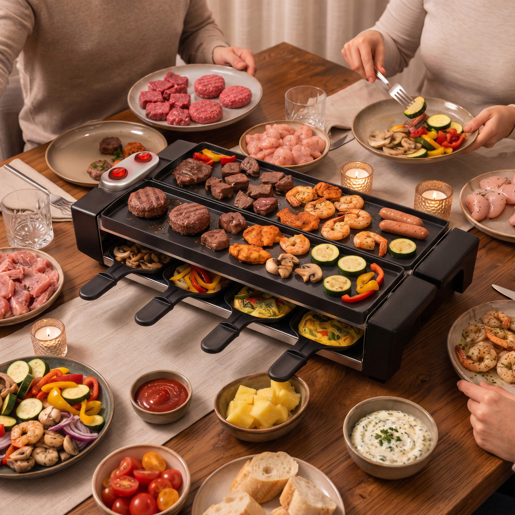 Raclette grill on wooden table with meat, vegetables, shrimp, and sauces during a cozy dinner.