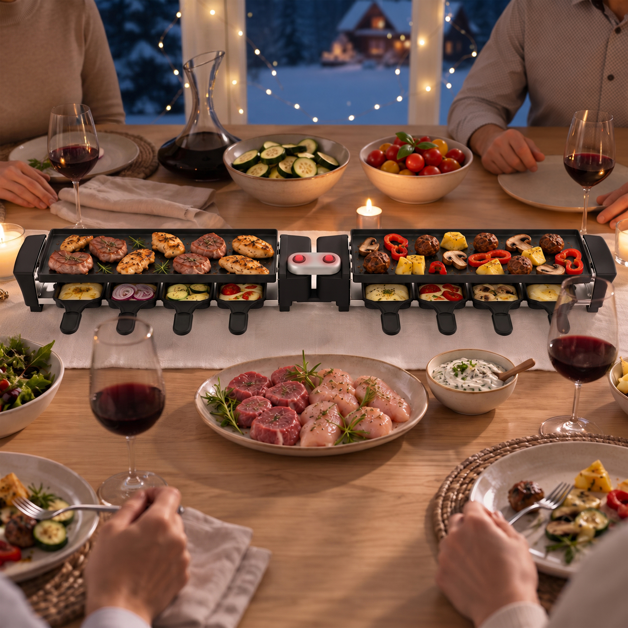 Family enjoying a raclette dinner with raw meats, vegetables, wine, and salads at a set table.