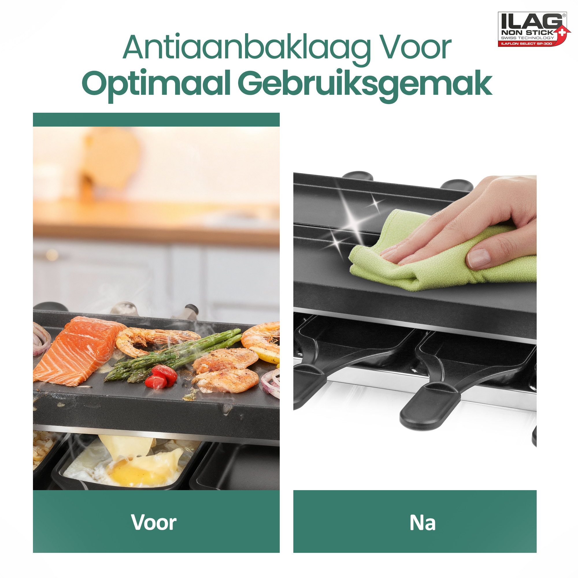 Comparison of a dirty raclette grill with fish and vegetables and a clean, wiped grill.