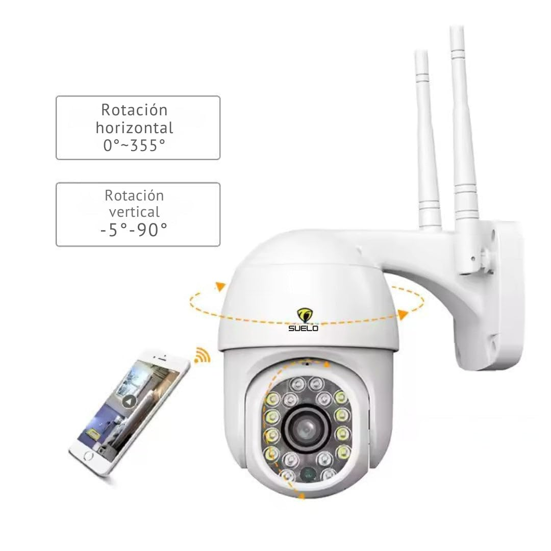 Cámara de seguridad blanca con dos antenas y control por teléfono.