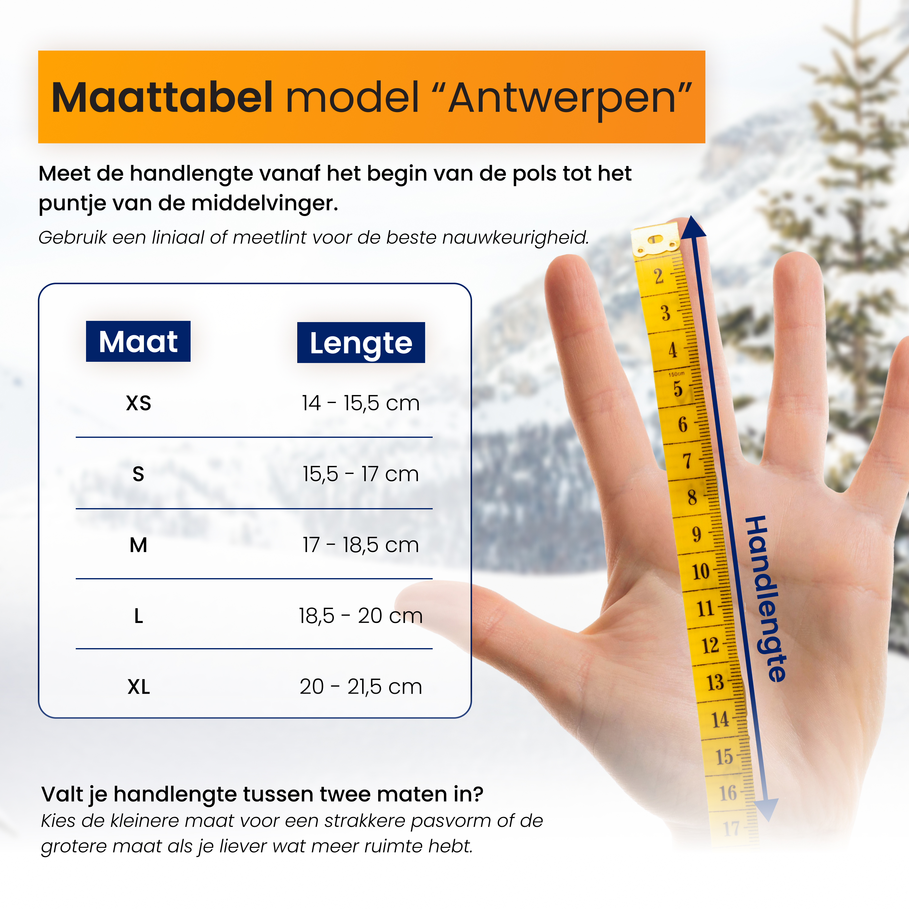 Glove size chart featuring a hand and a yellow measuring tape measuring hand length.