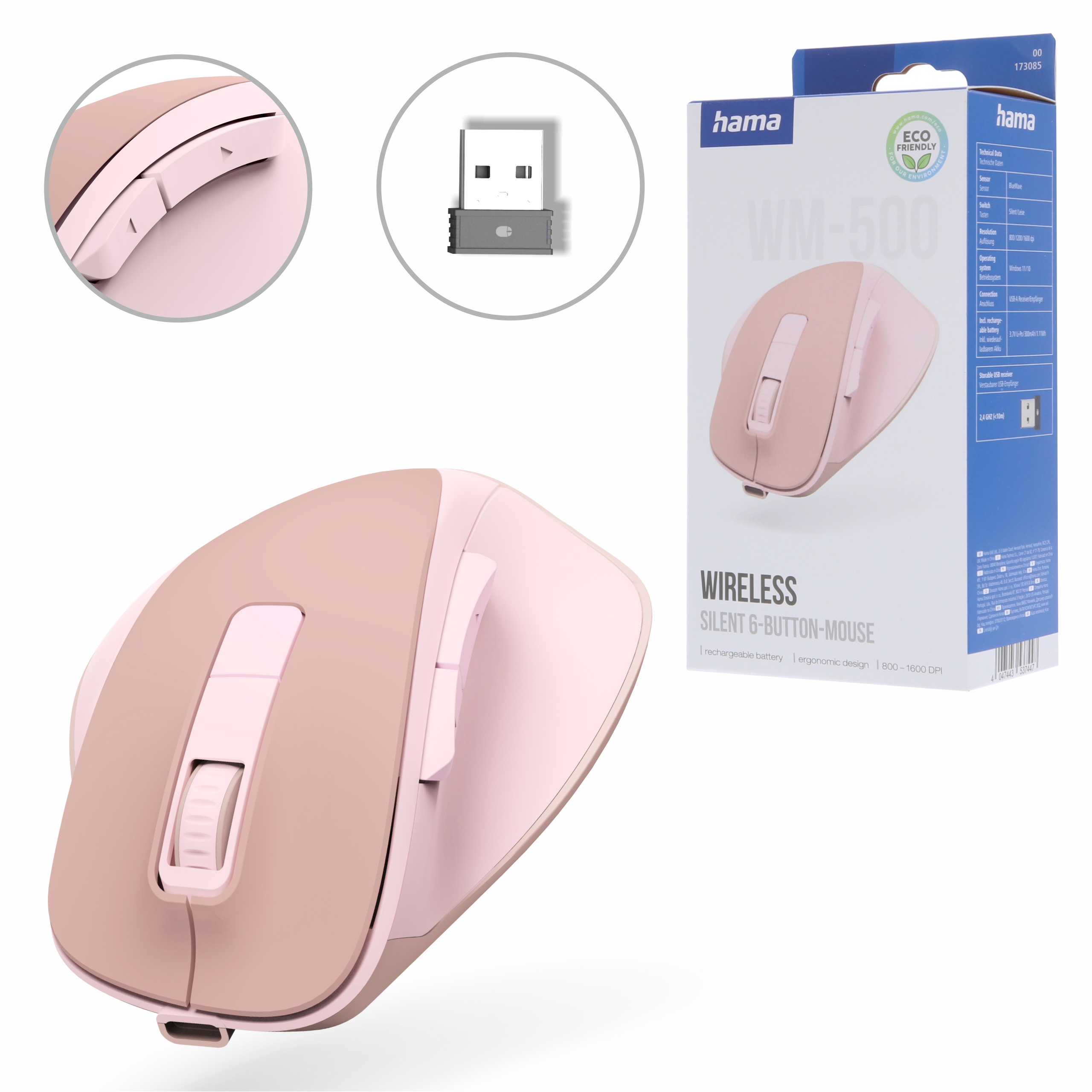 Rosa kabellose, leise Maus mit USB-Empfänger, Seitentasten und Produktverpackung.