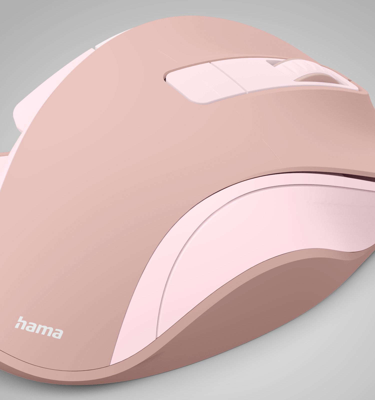 Un mouse per computer wireless Hama rosa e bianco su sfondo grigio.